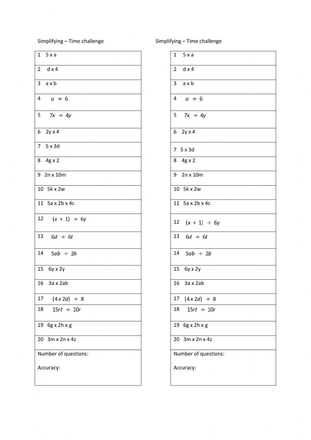Multiplying And Dividing Algebraic Expressions Worksheet Live 