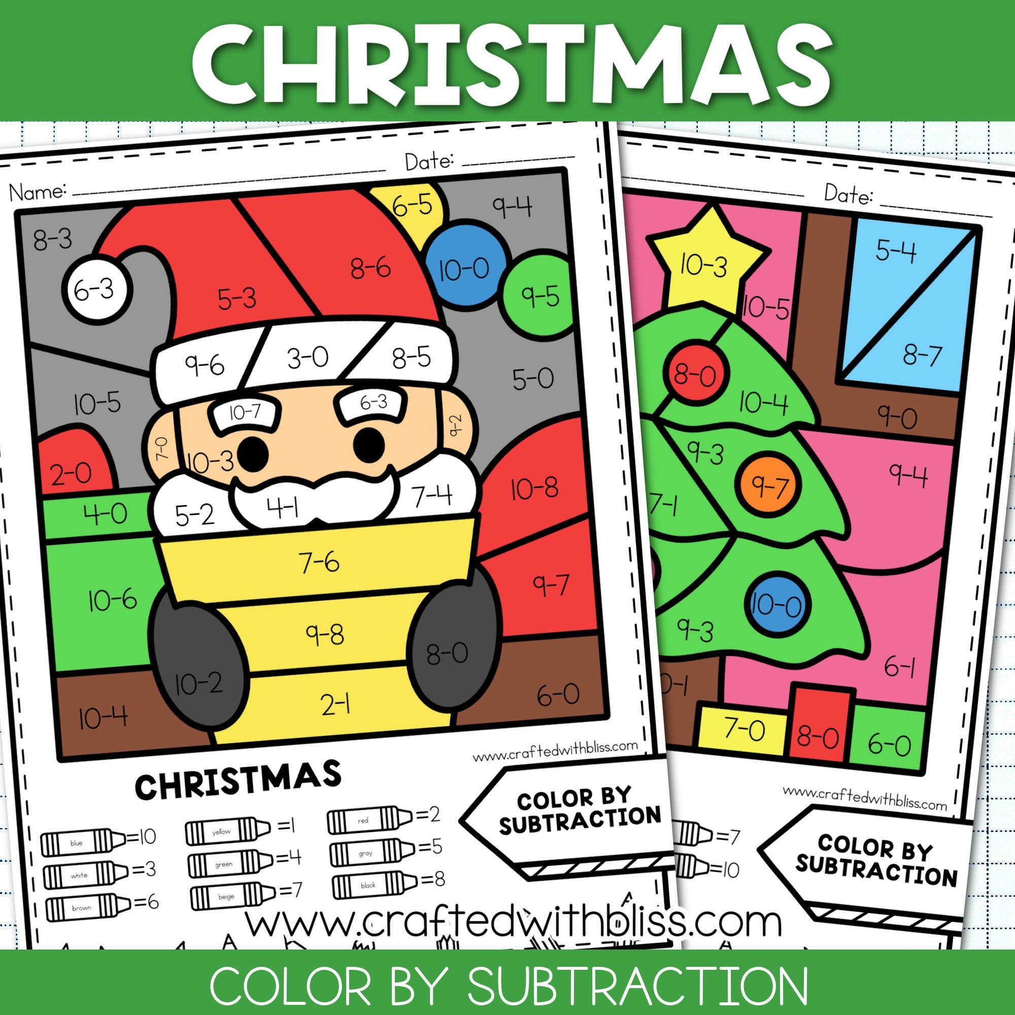NO PREP Christmas Color By Subtraction Worksheet Math Center 