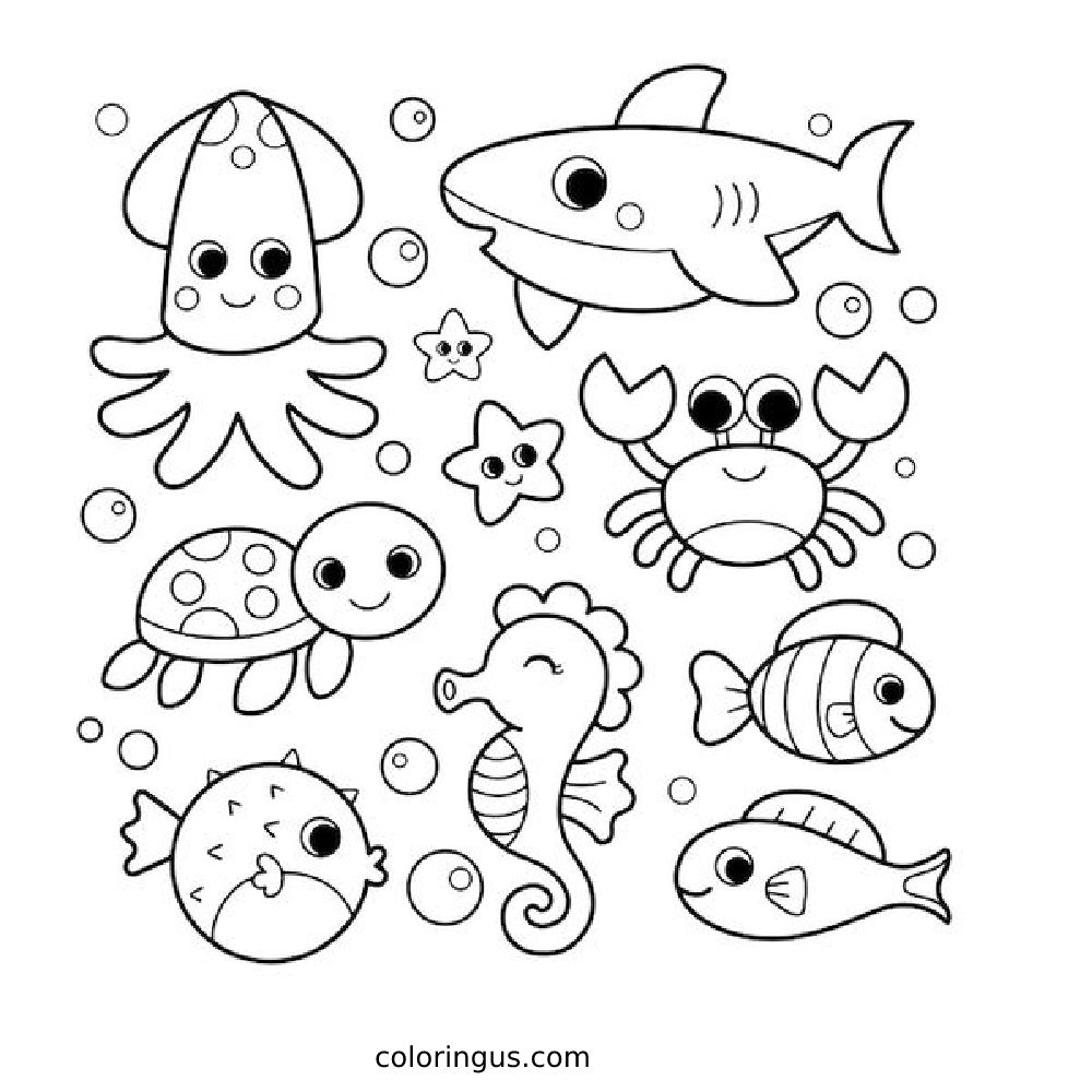 Ocean Creatures Coloring Page Free Printable PDF 