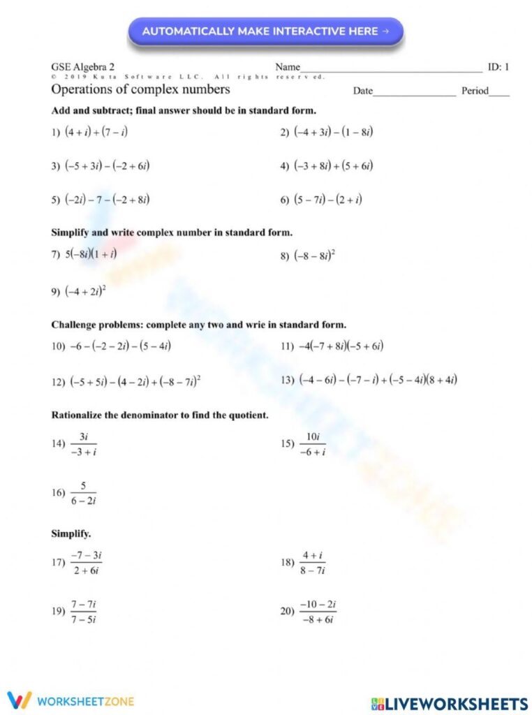 Operations Of Complex Numbers Worksheet Live Worksheets Worksheets