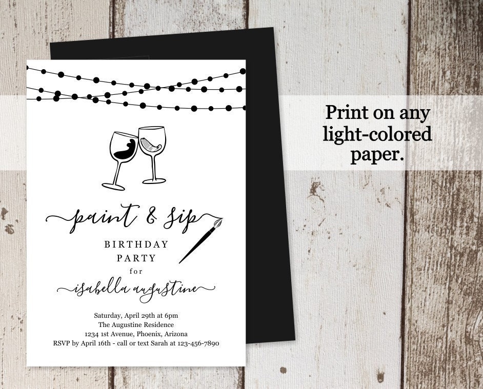 Paint Sip Invitation Template Birthday Bachelorette Bridal Shower 