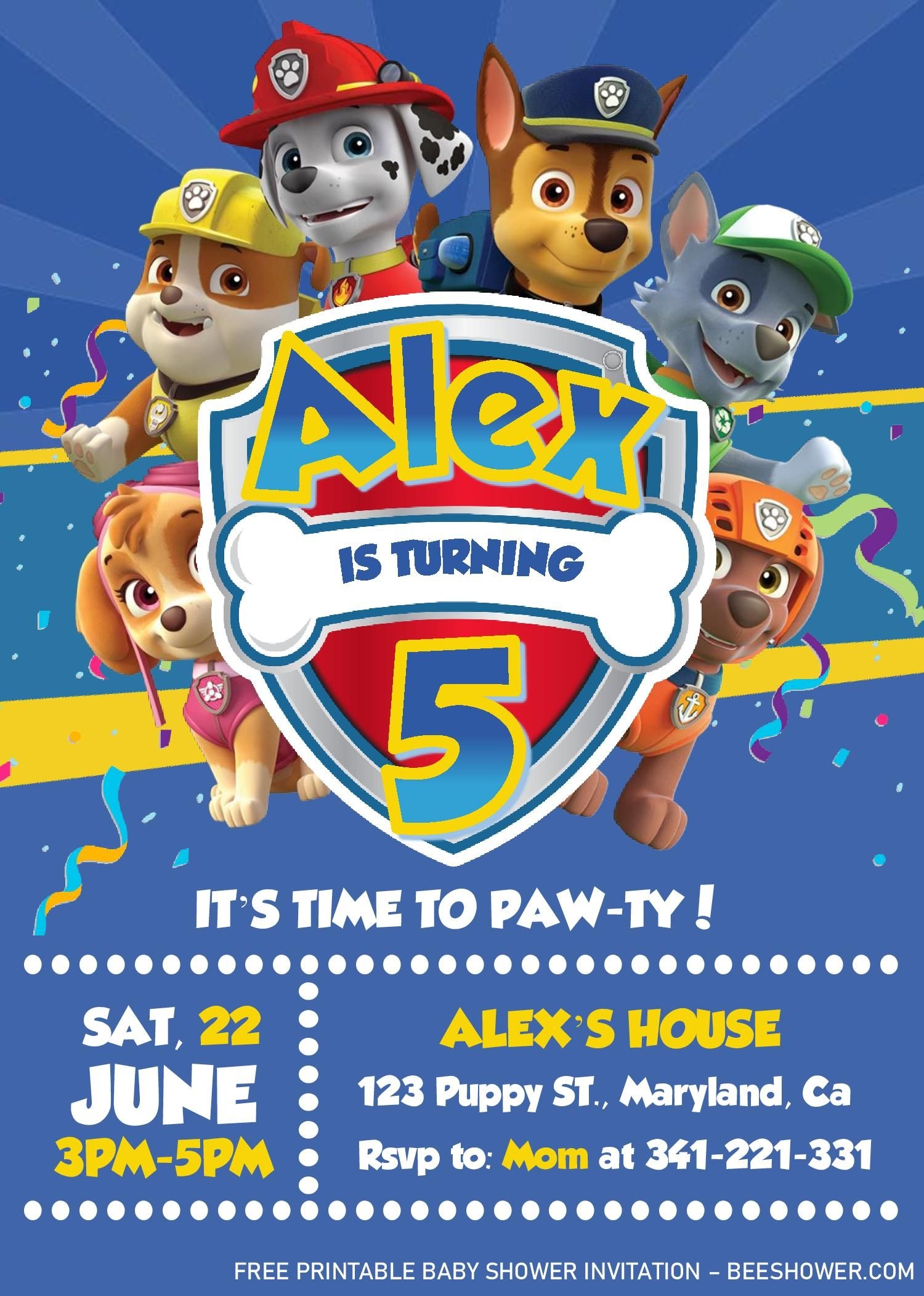 Paw Patrol Invitations Free Template Printable Calendars AT A GLANCE