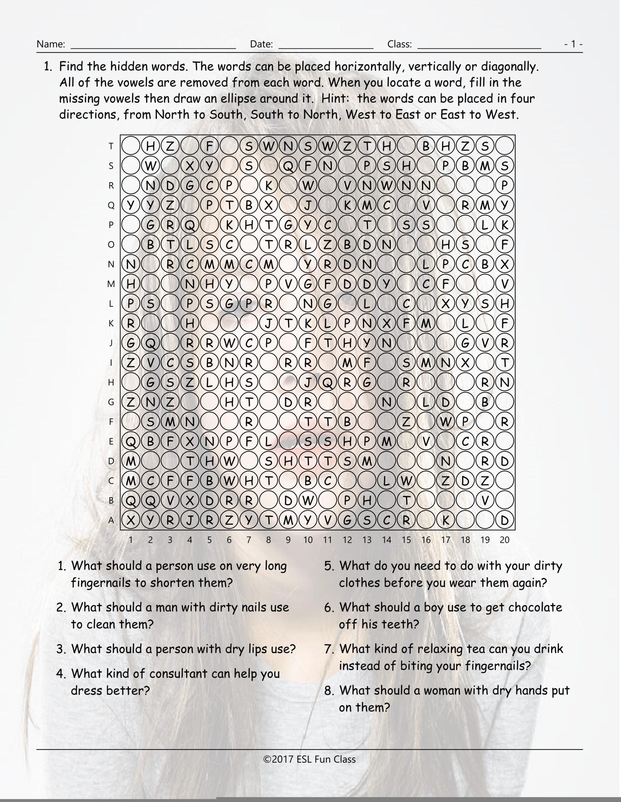 Personal Hygiene Grooming Missing Vowels Worksheet Esl Fun Games 