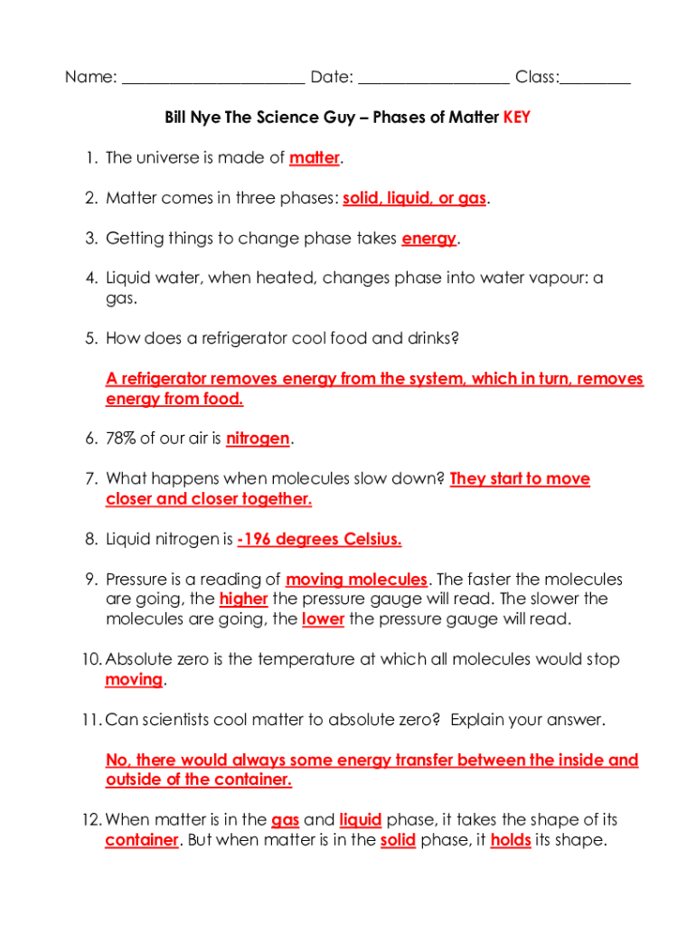 bill nye phases of matter worksheet