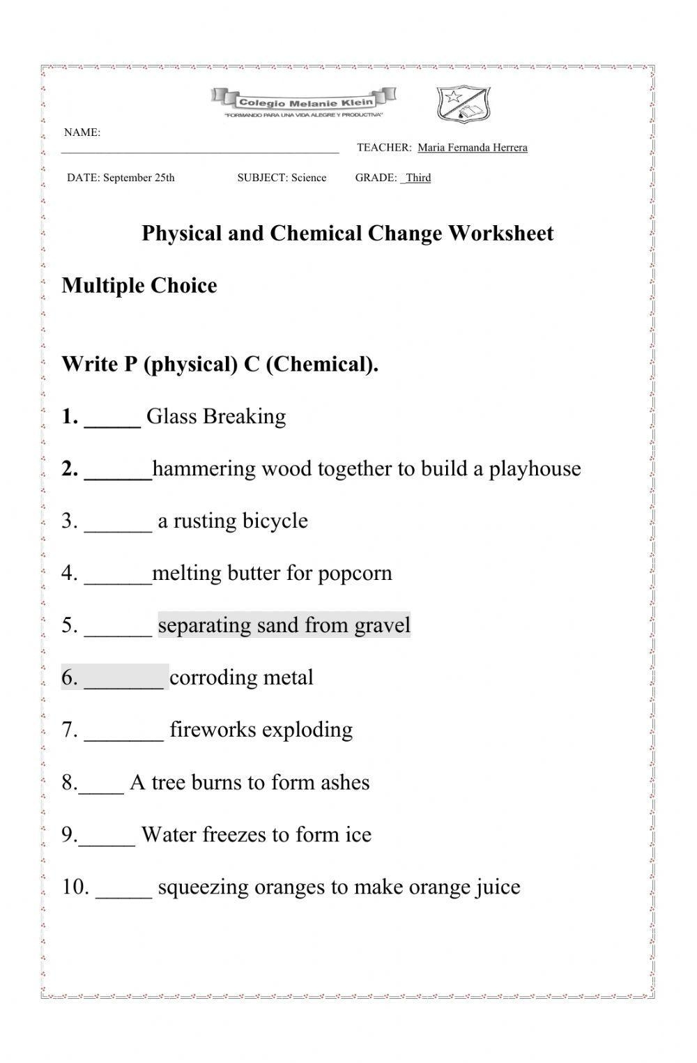 Physical And Chemical Changes Worksheet For 6th 9th Grade 