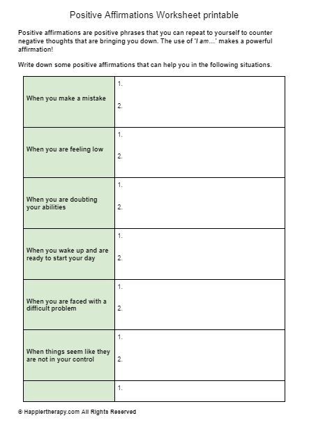 Positive Affirmations Worksheet Printable HappierTHERAPY