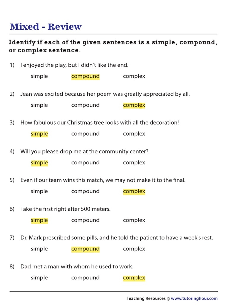 Practice 2 Simple Compound Complex Sentences PDF Worksheets Library