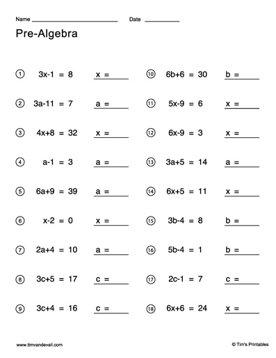 Pre Algebra Worksheets Tim 39 s Printables