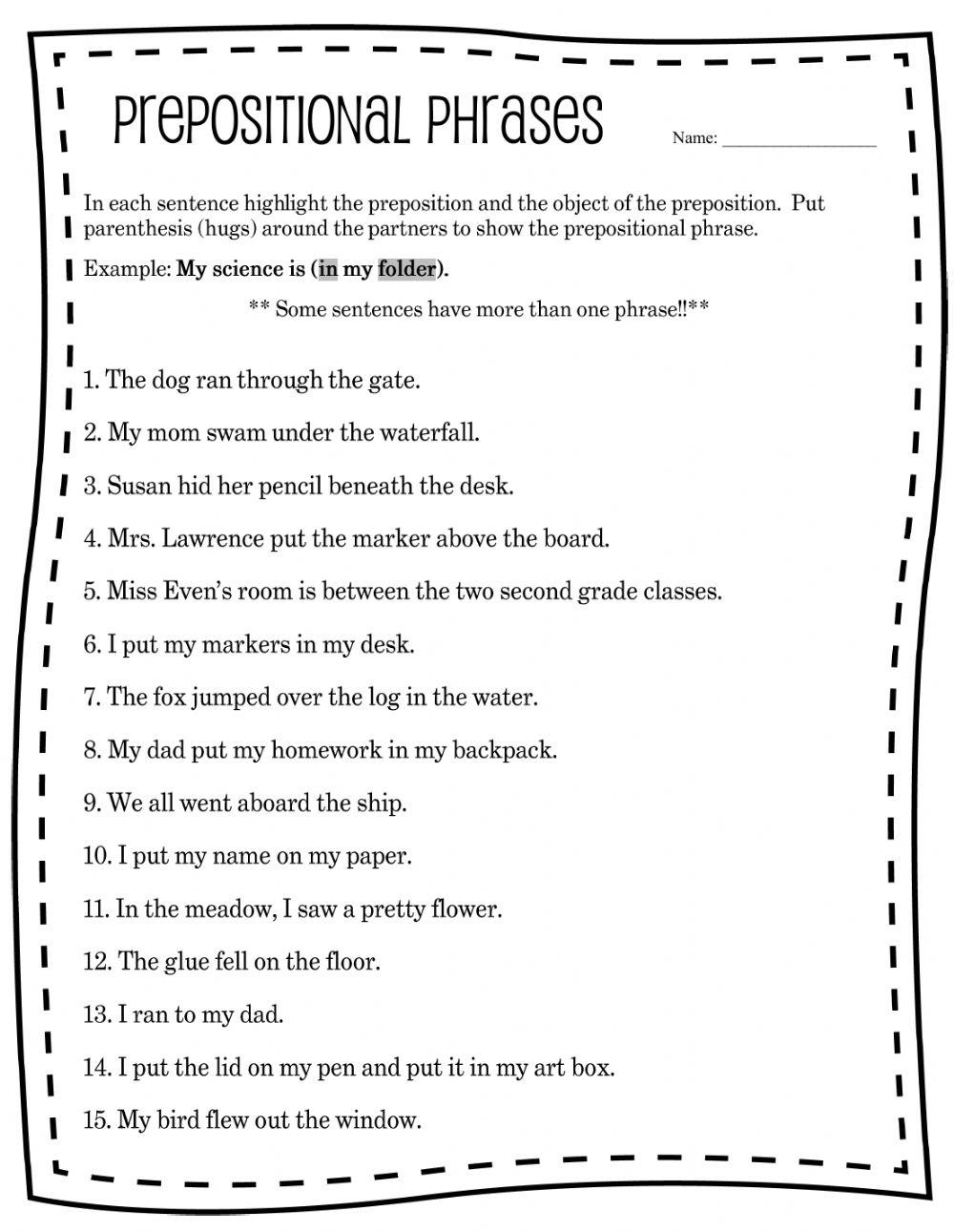 prepositional phrases worksheet