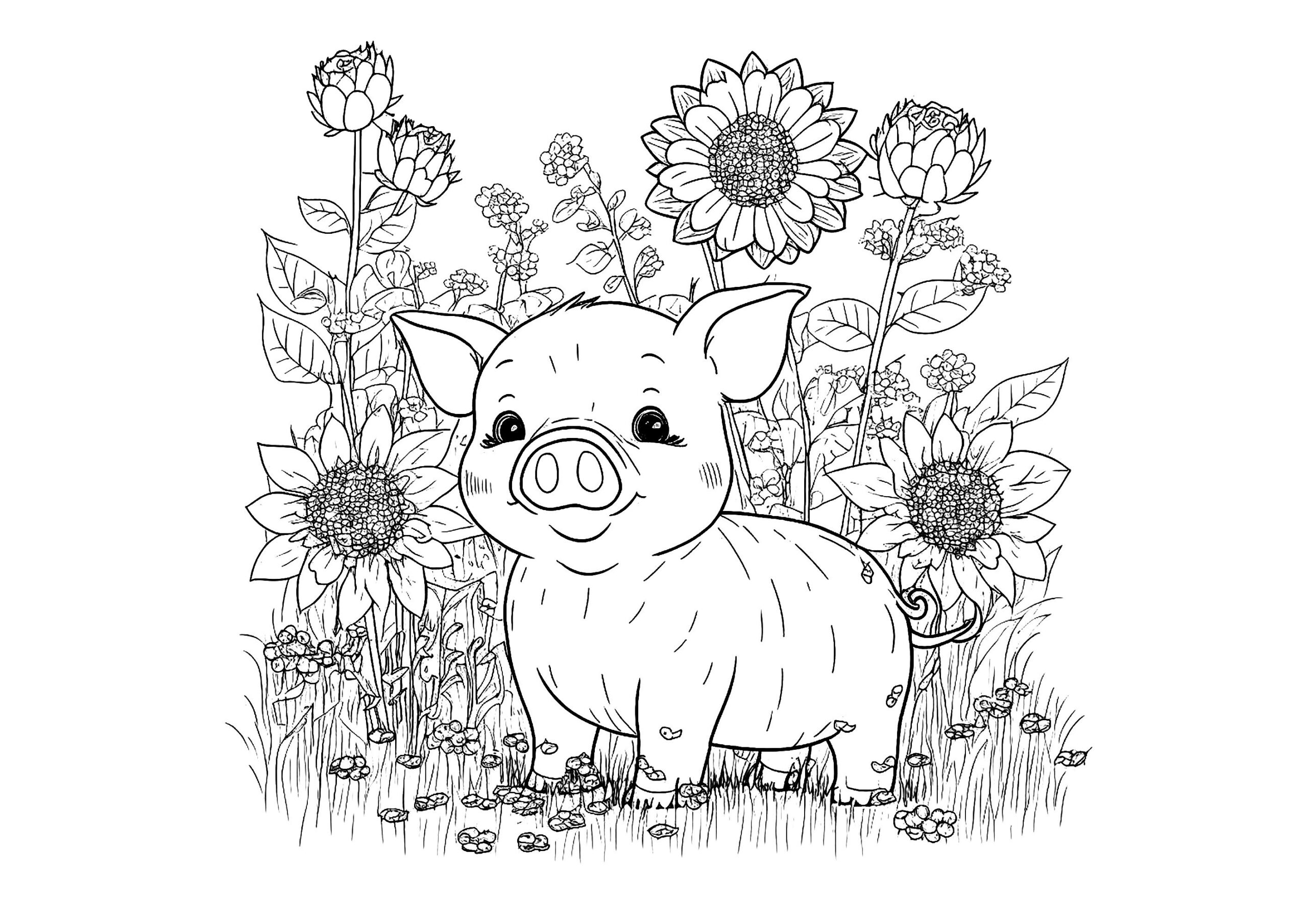 Pretty Pig And Flowers Pig Coloring Pages For Kids