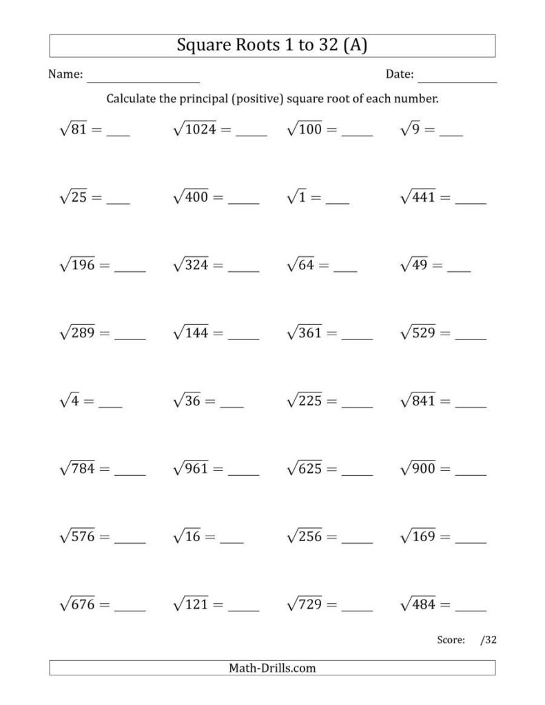 Principal Square Roots 1 To 32 A Math Worksheet