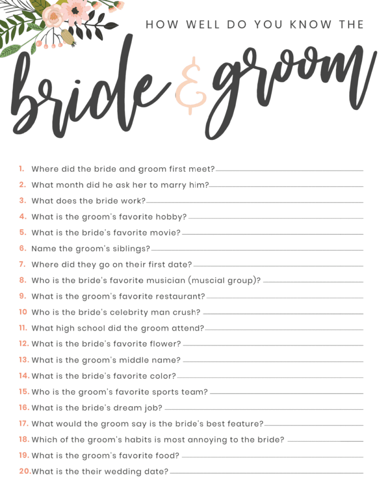 Printable Couples Wedding Shower Games