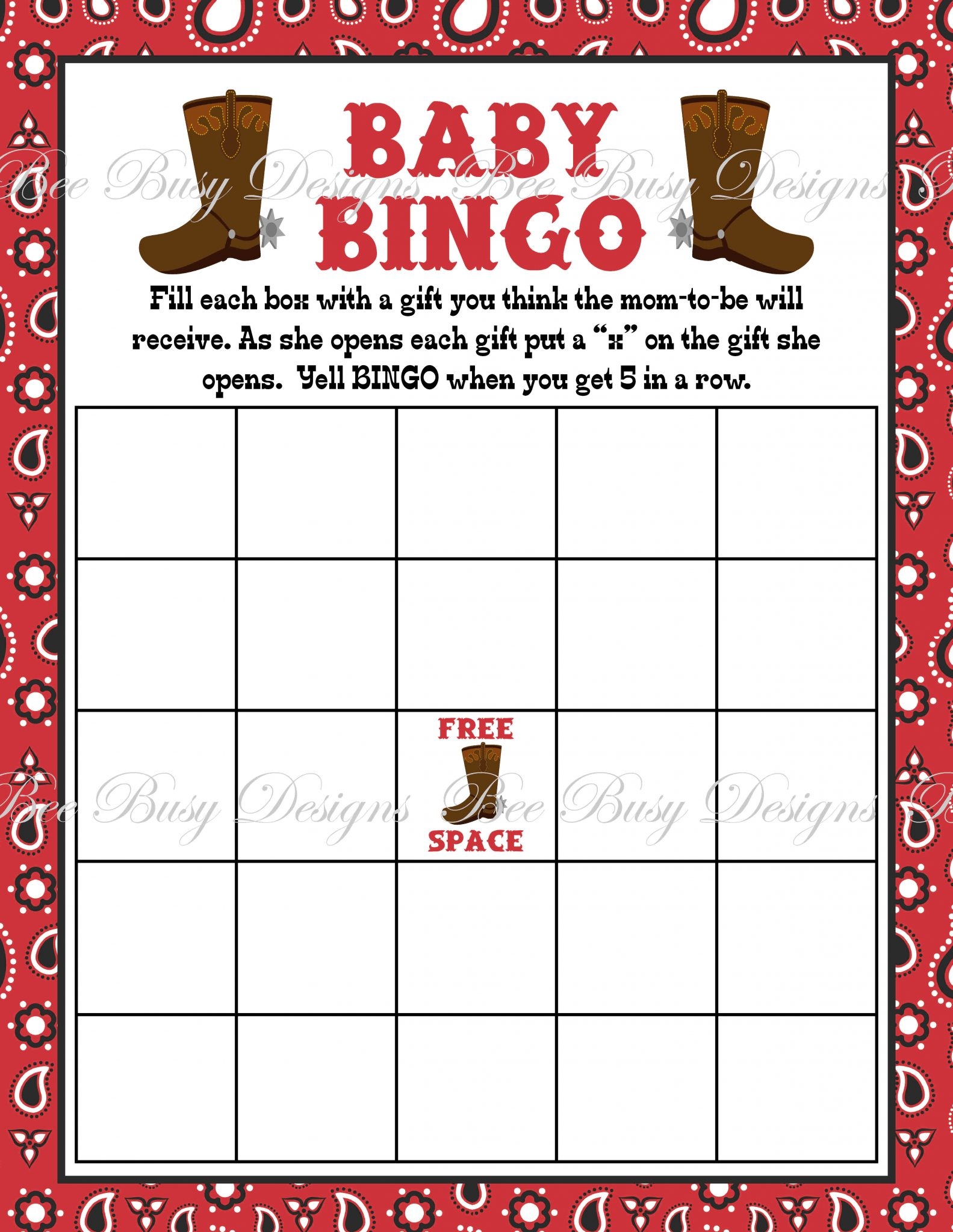Printable Cowboy Boot Baby Bingo Game Instant Download Printable