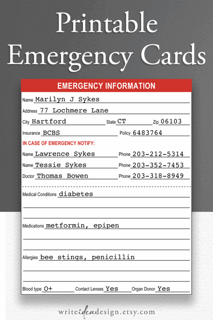Printable Emergency Information Cards Medical Alert ID Medical Alert