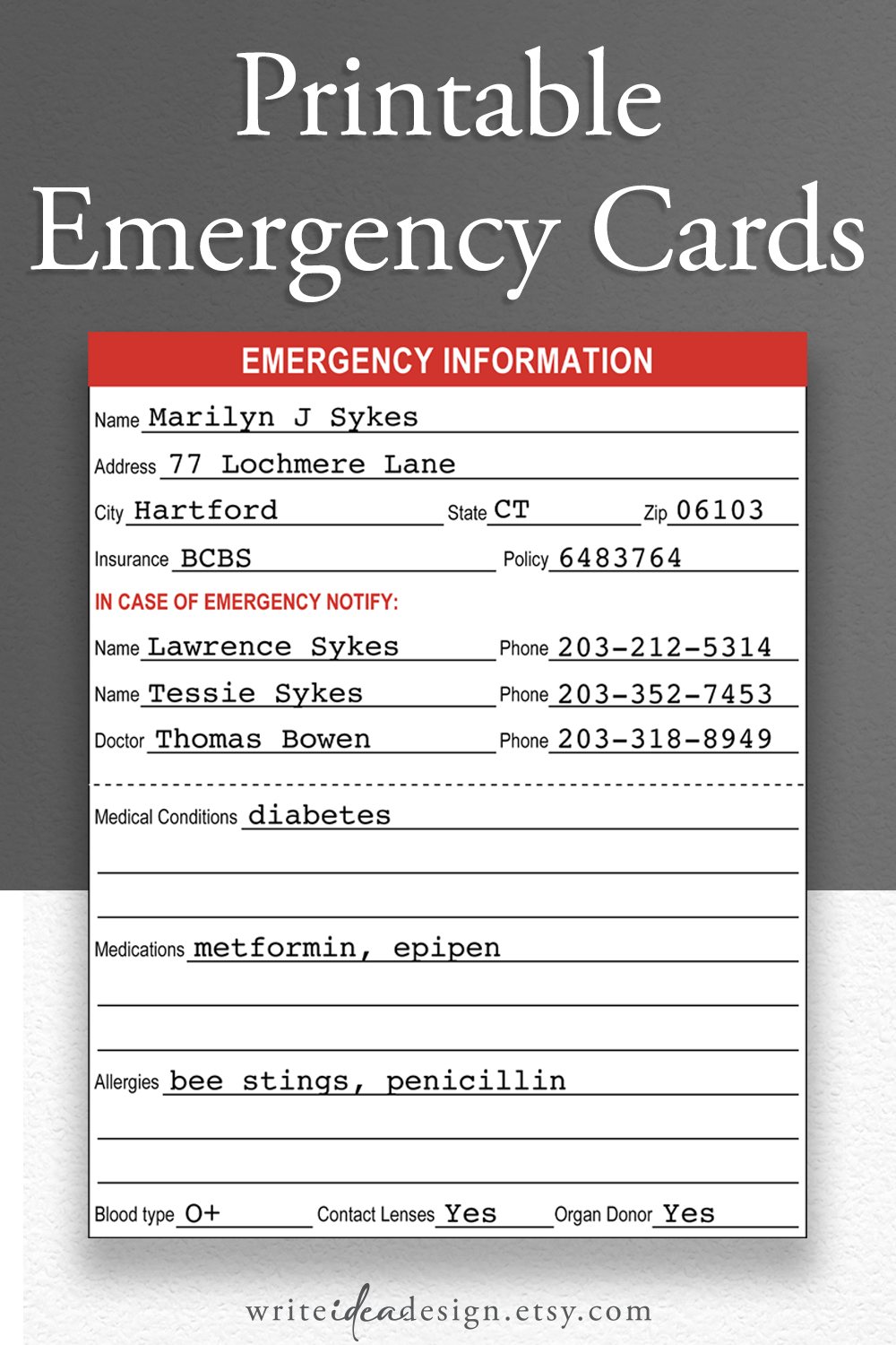 Printable Emergency Information Cards Medical Alert ID Medical Alert 