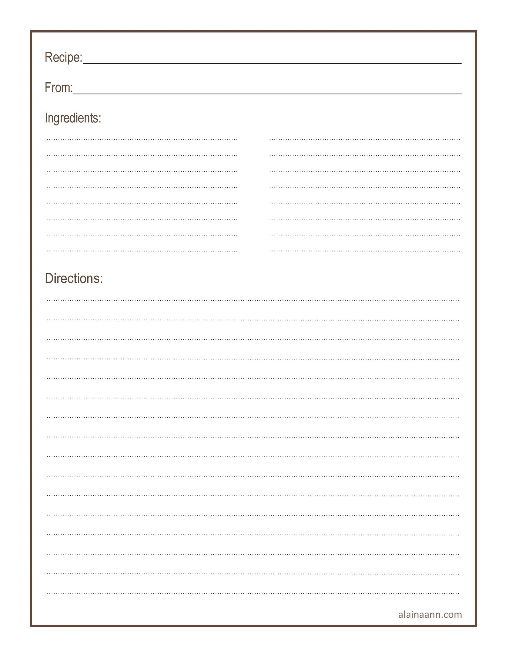 printable free full page recipe templates for word