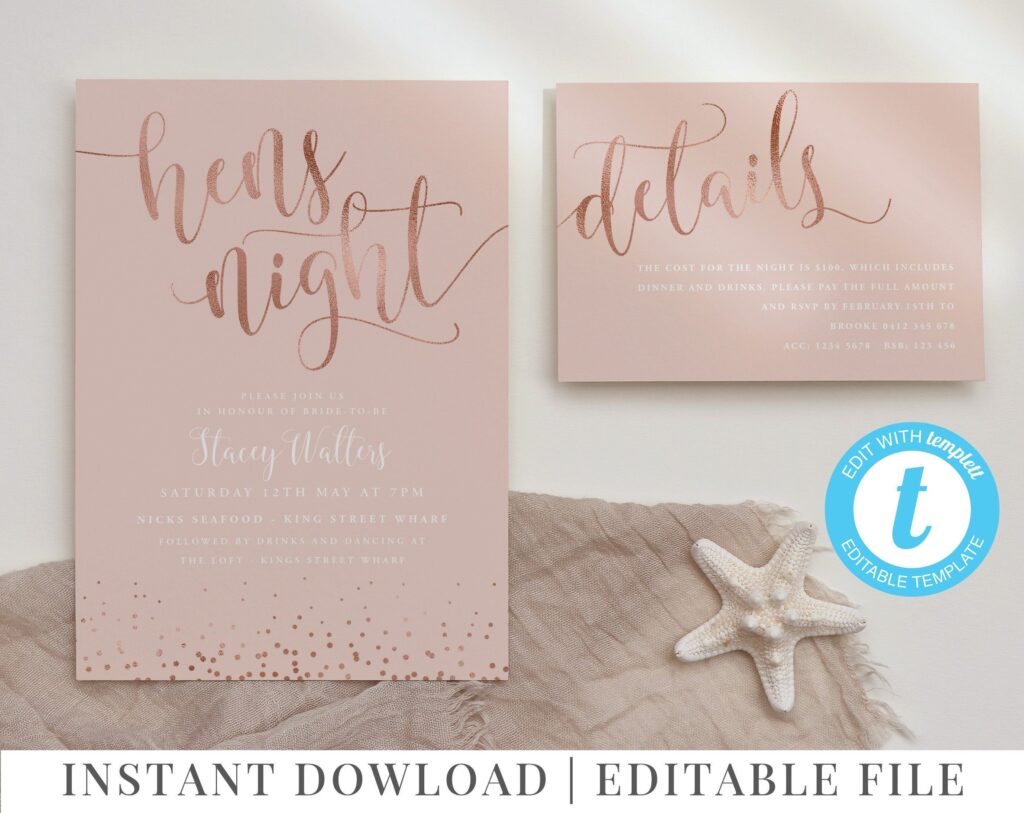 Printable Hens Party Invitations Rose Gold Hens Night Invitation