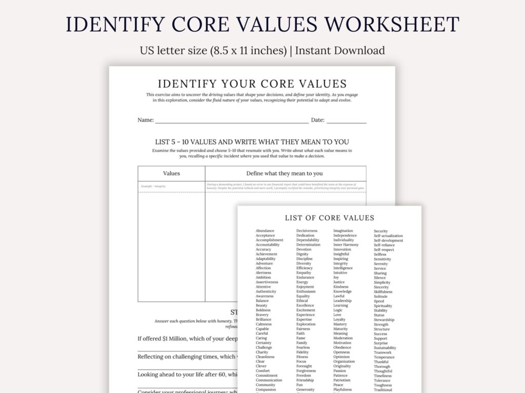 Printable Identify Core Values Worksheet Values Discovery Sheet Core