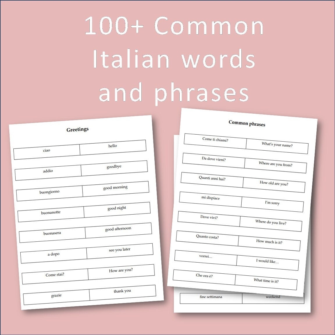 Printable ITALIAN Flashcards 66 First Words For Beginners 