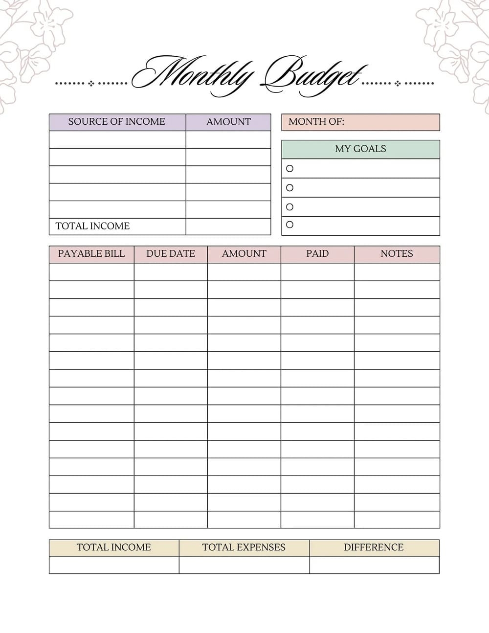 monthly budget template printable free