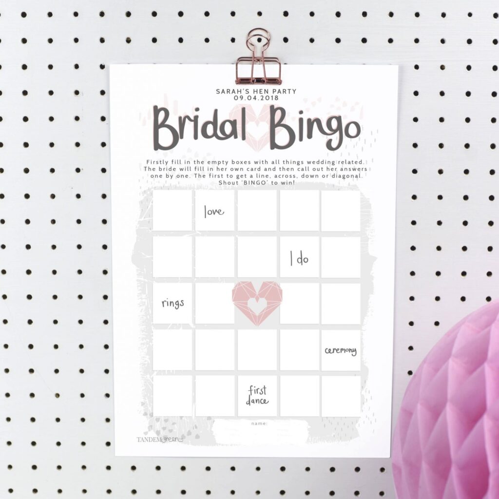 Printable Personalised Bridal Bingo Hen Party Game Hen Party Game