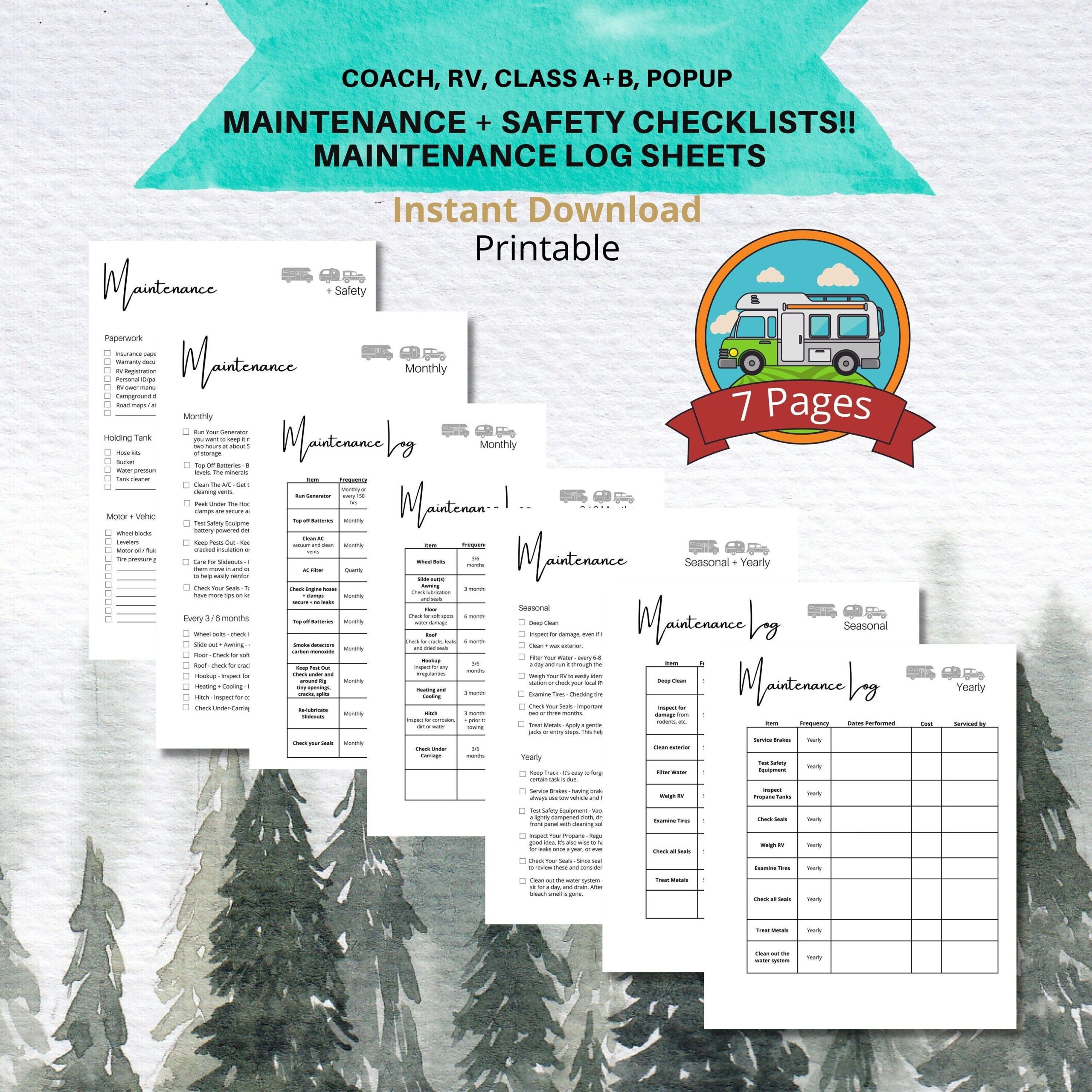 Printable RV Maintenance Checklist RV Maintenance Log RV Safety 