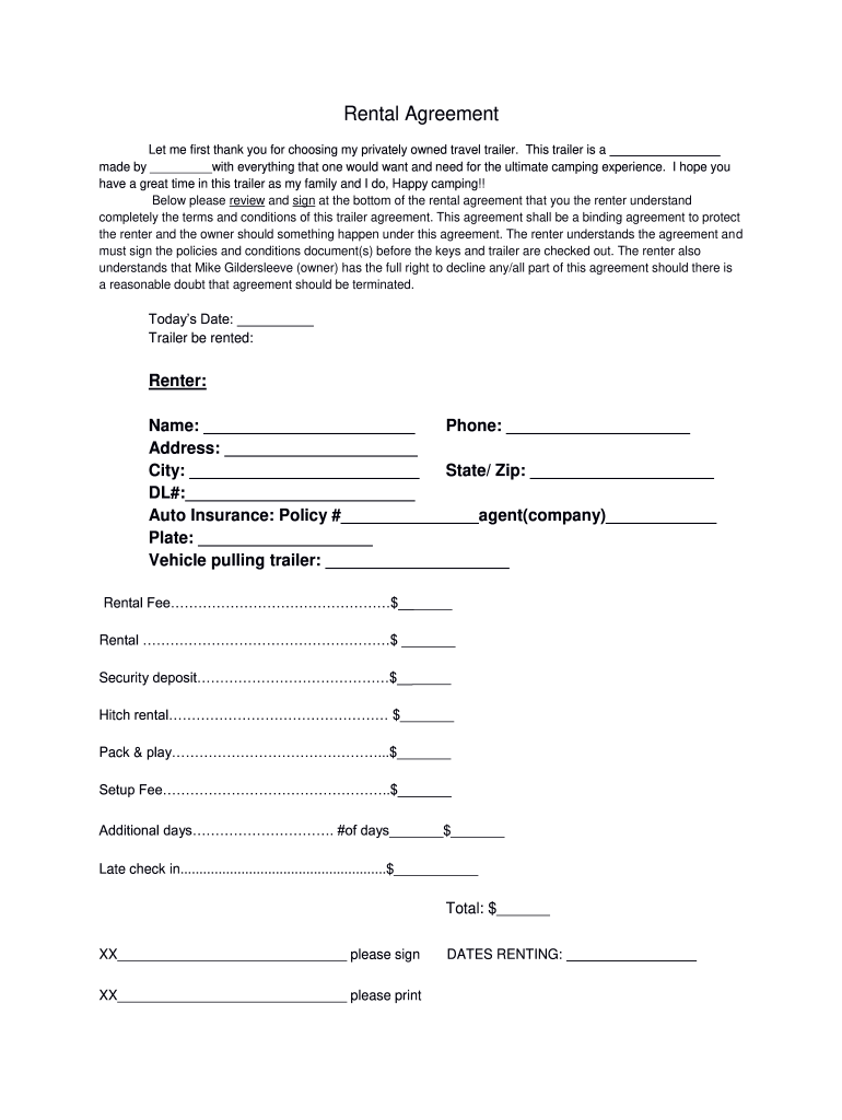 Printable Trailer Rental Agreement Template Printable Templates