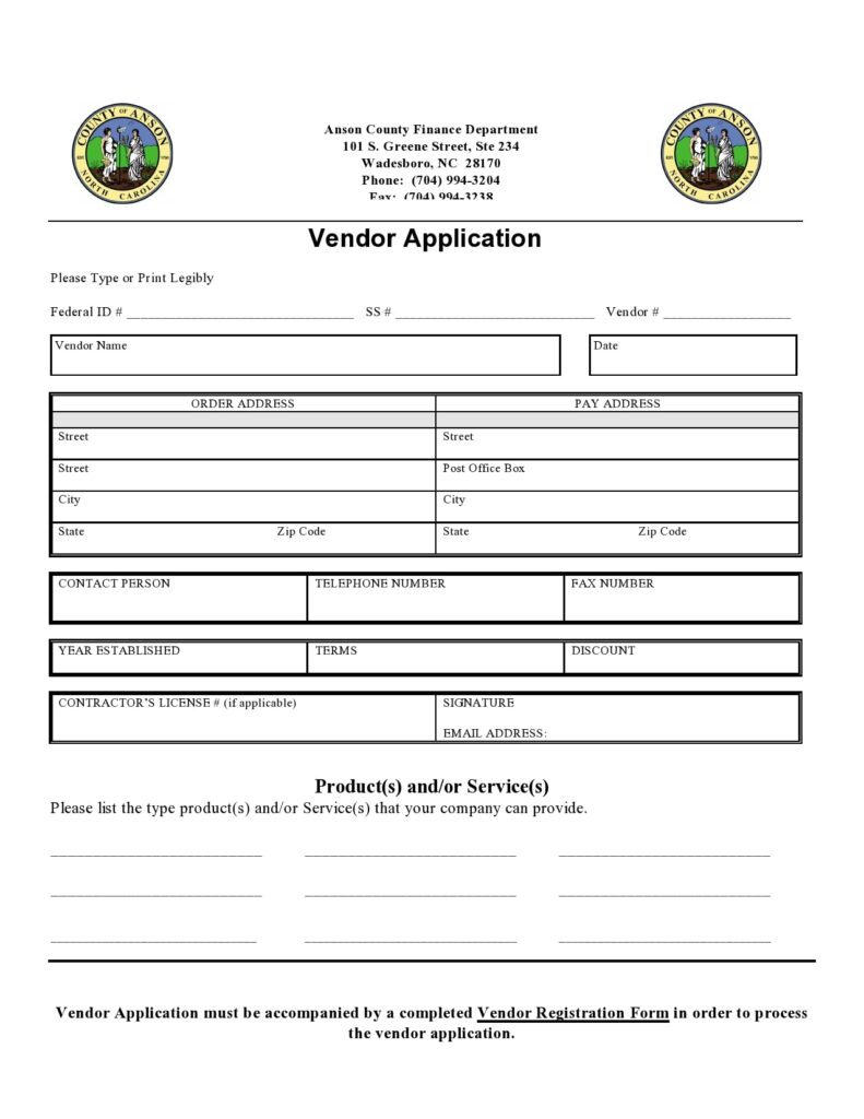 Printable Vendor Application Form Template Printable Templates