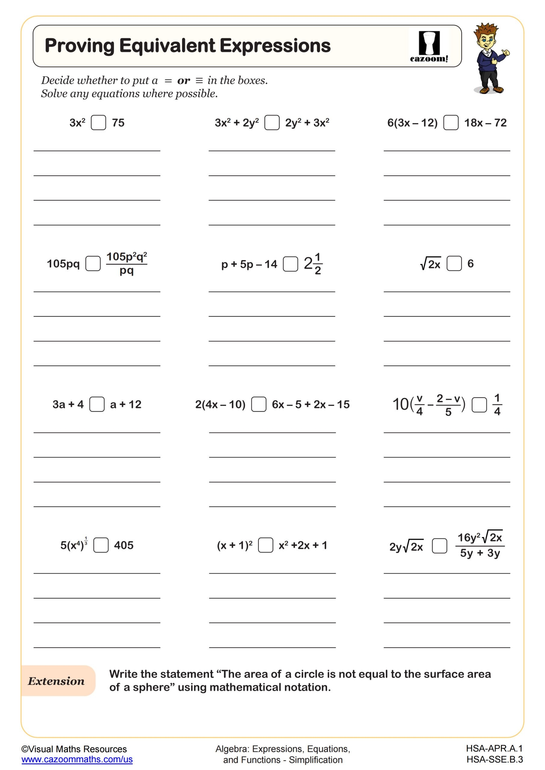 Proving Equivalent Expressions Worksheet PDF Printable Algebra Worksheet