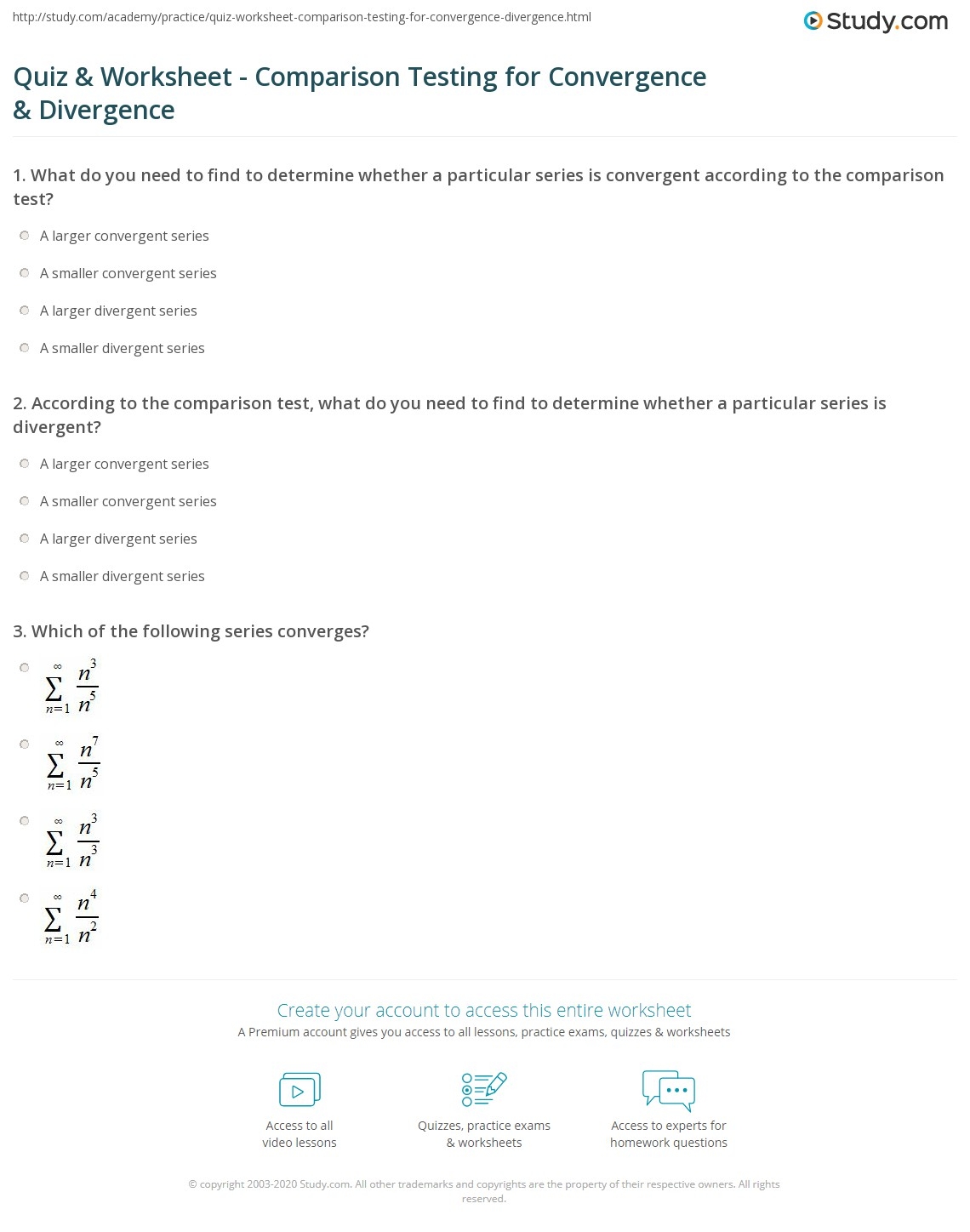 Quiz Worksheet Comparison Testing For Convergence Divergence 