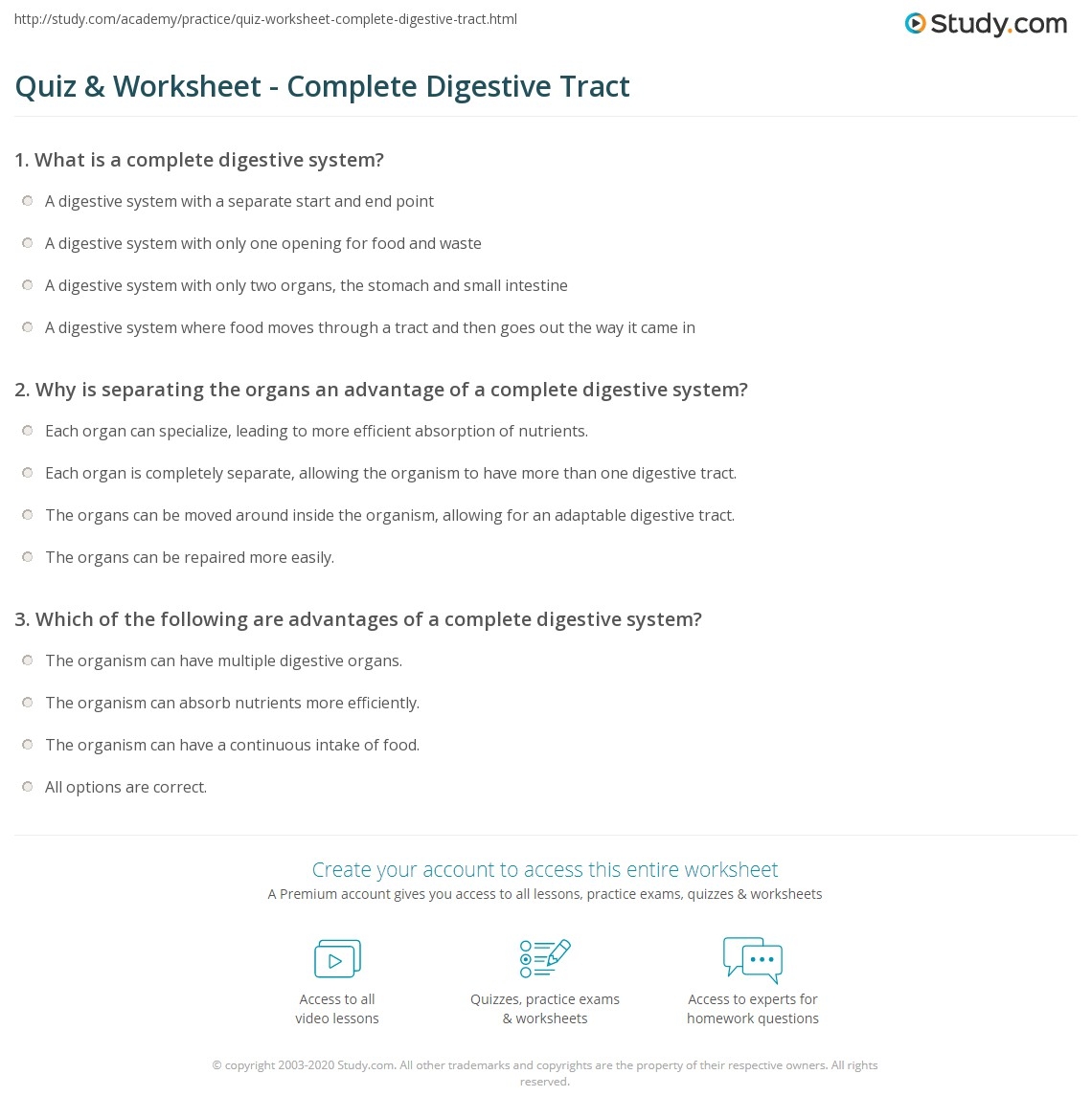 Quiz Worksheet Complete Digestive Tract Study