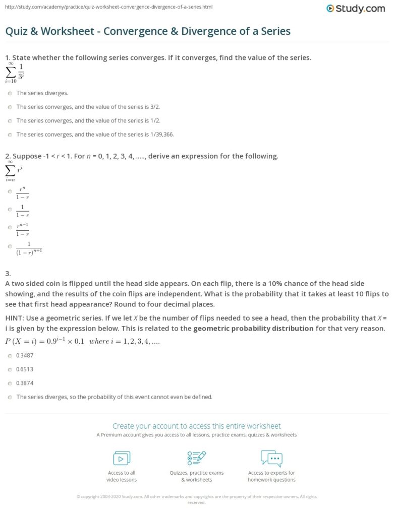 Quiz Worksheet Convergence Divergence Of A Series Study