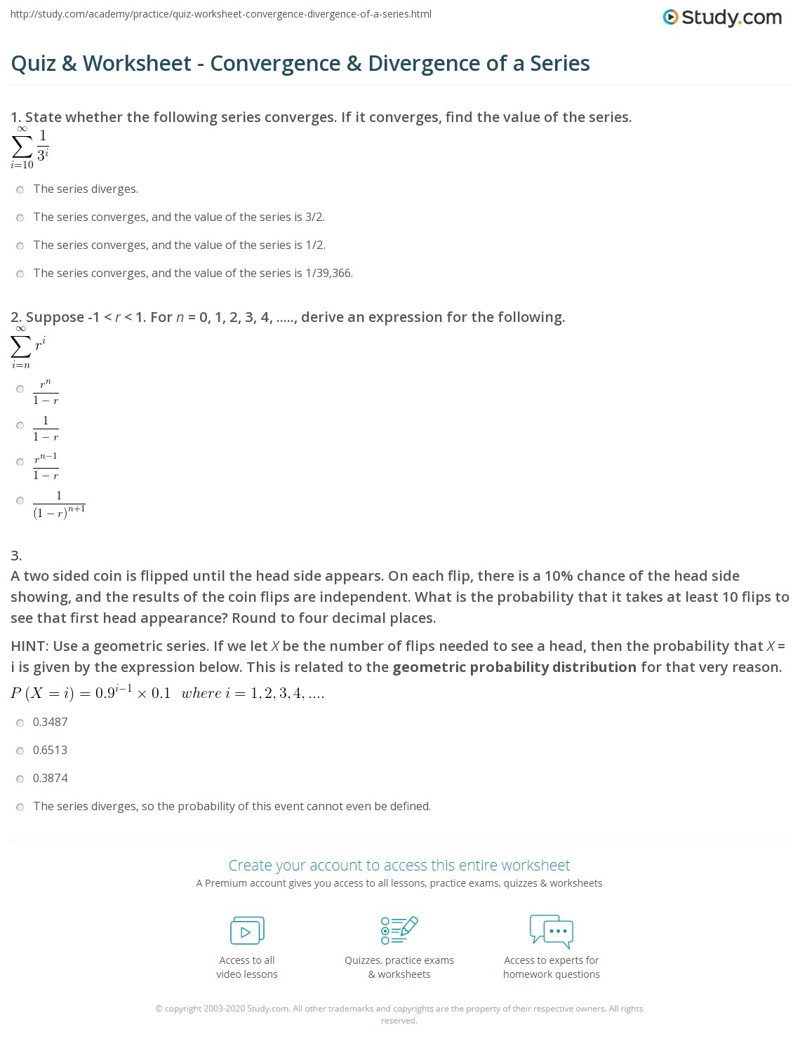 Quiz Worksheet Convergence Divergence Of A Series Study