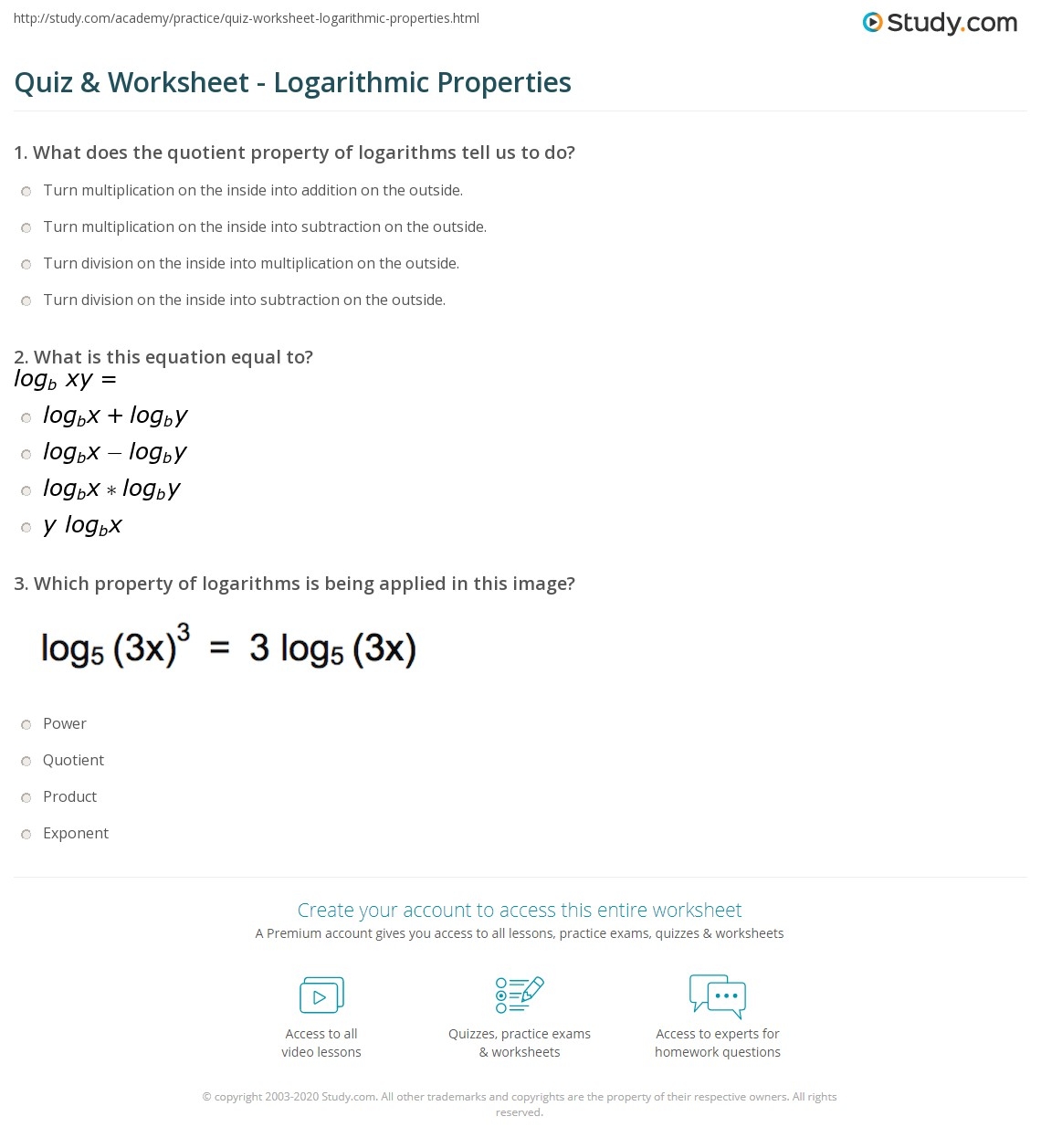 Quiz Worksheet Logarithmic Properties Practice Problems 