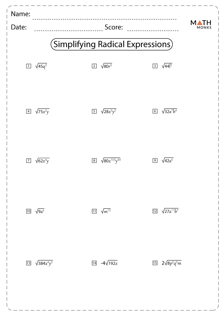 simplify radicals worksheet