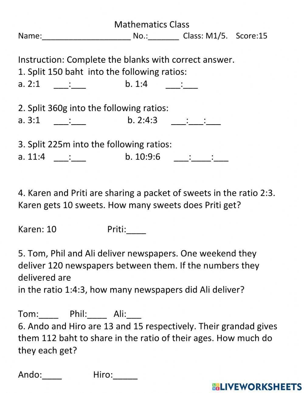 ratio worksheets grade 6