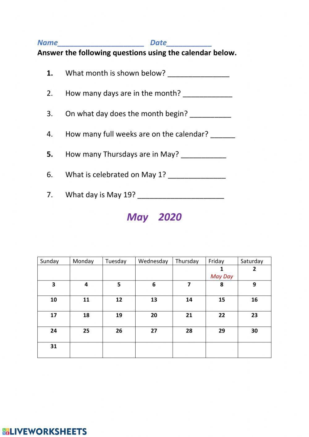calendar worksheets