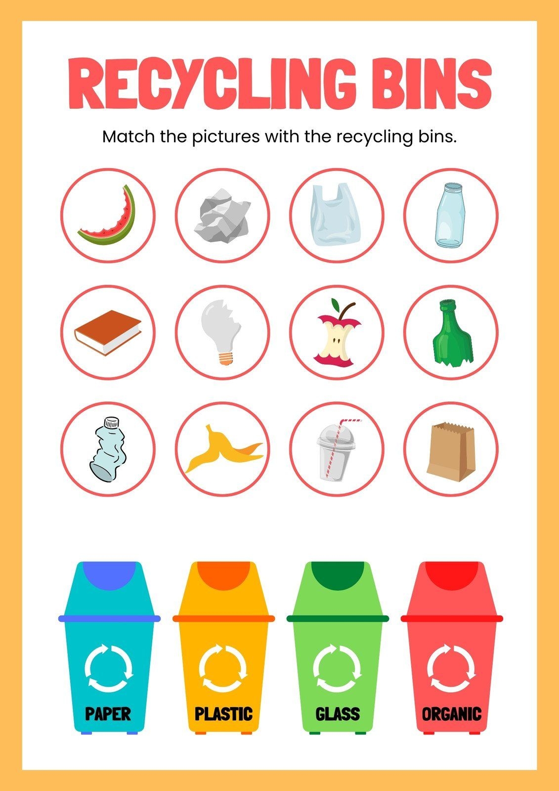 Recycling Bins Yellow Red English Matching Worksheet Templates By 
