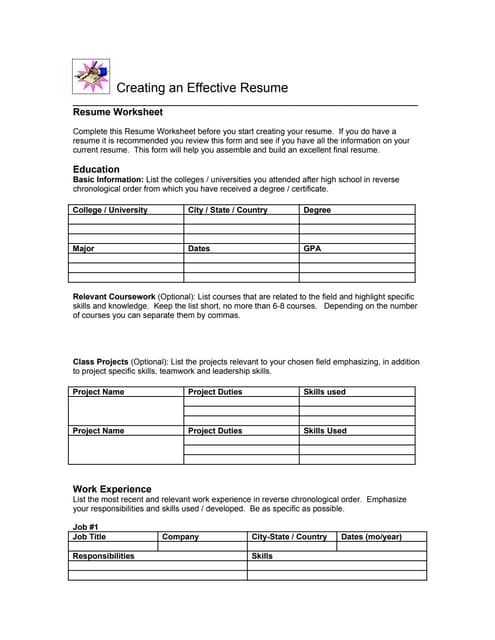 Resume Worksheet PDF Worksheets Library