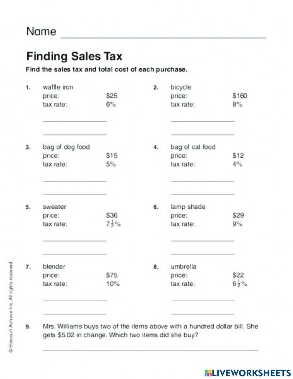 Reteach Sales Tax And Discounts Worksheet For 6th Grade Lesson 