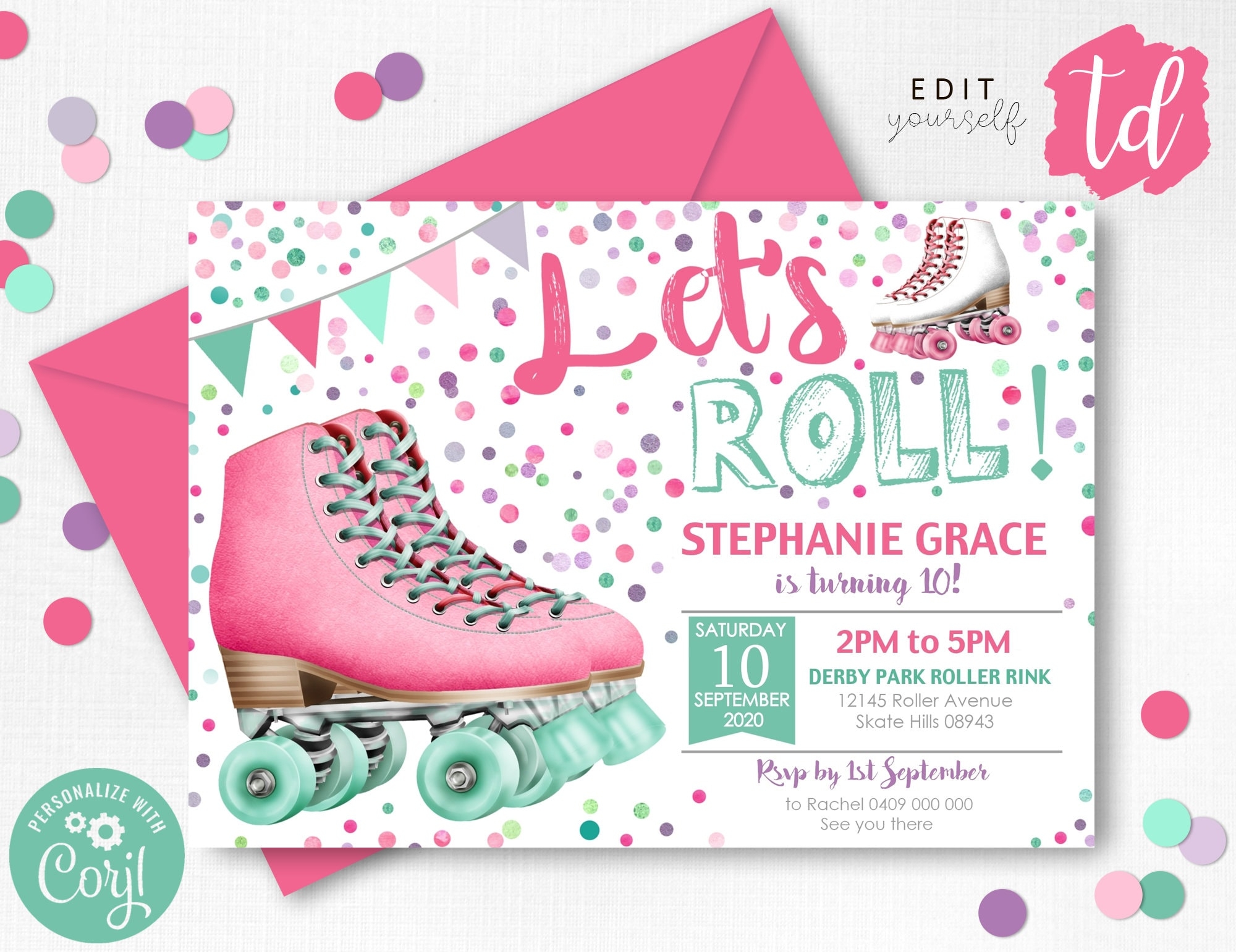 Roller Skate Birthday Party Invitation Ticket Invite Neon Glow Skating 