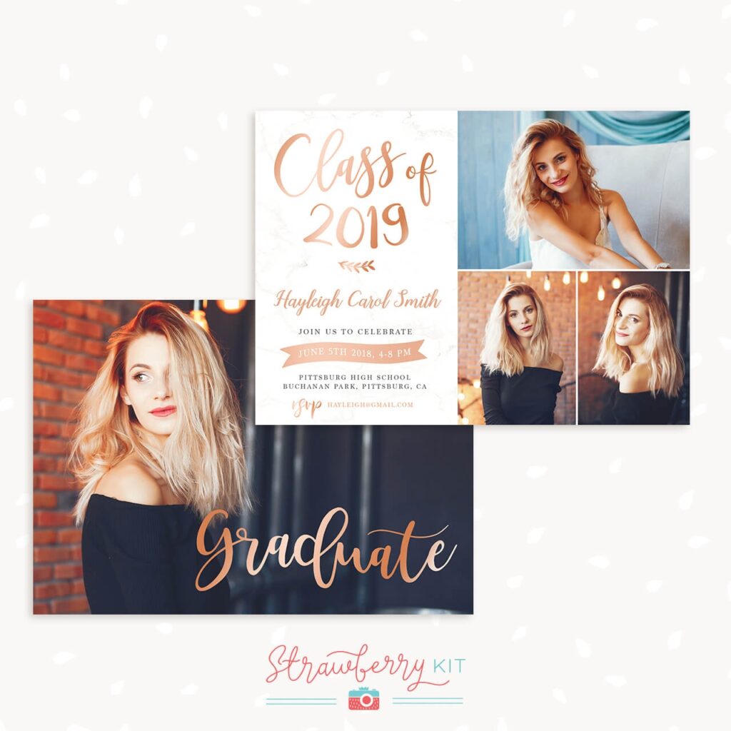 Rose Gold Graduation Invitation Template Strawberry Kit