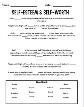 Self Esteem Self Worth Worksheet By Ms Myers Designs TPT