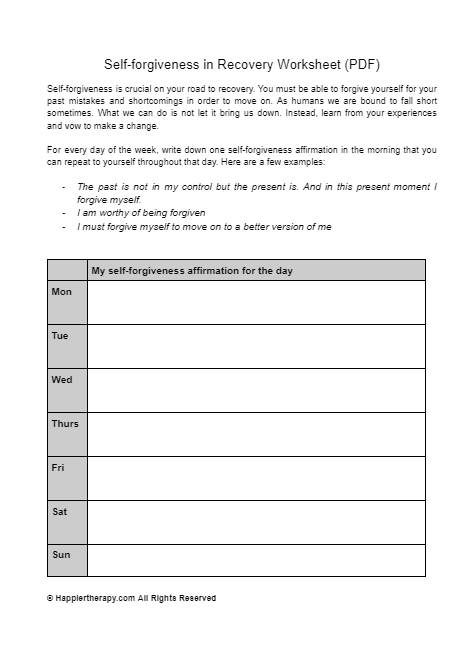 Self forgiveness In Recovery Worksheet HappierTHERAPY Worksheets