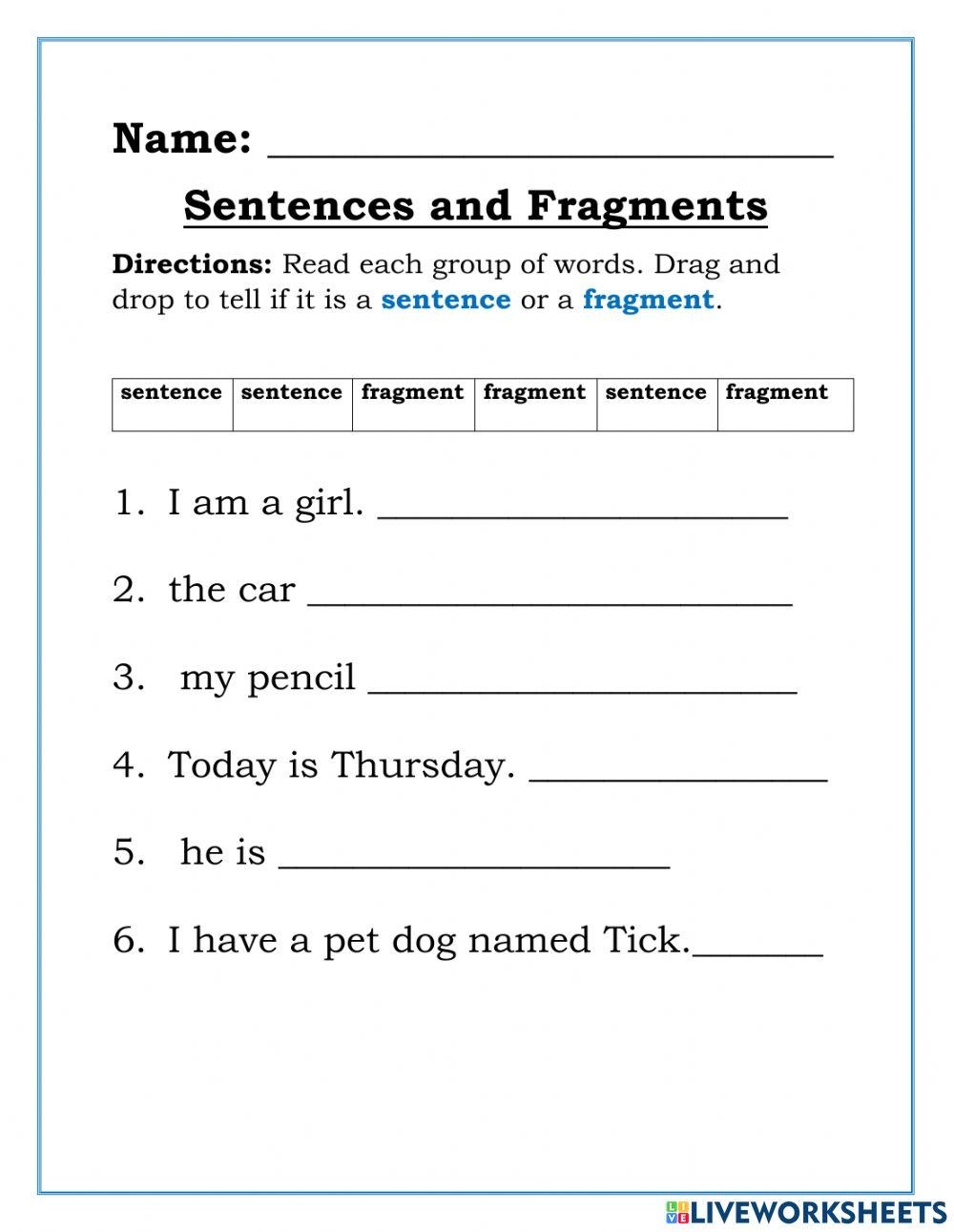 sentence fragment worksheets