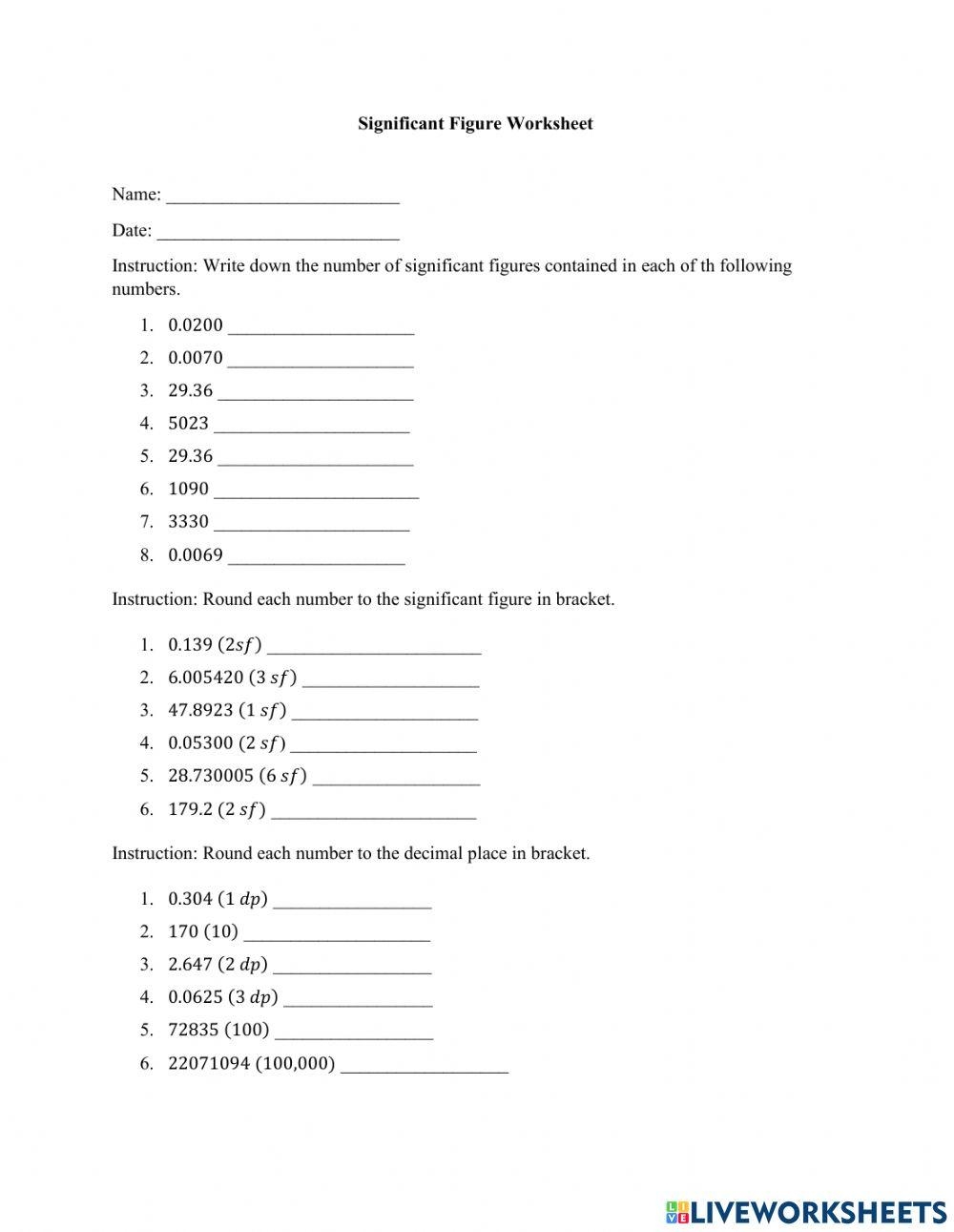 Significant Figures And Decimal Places Worksheet Live Worksheets 