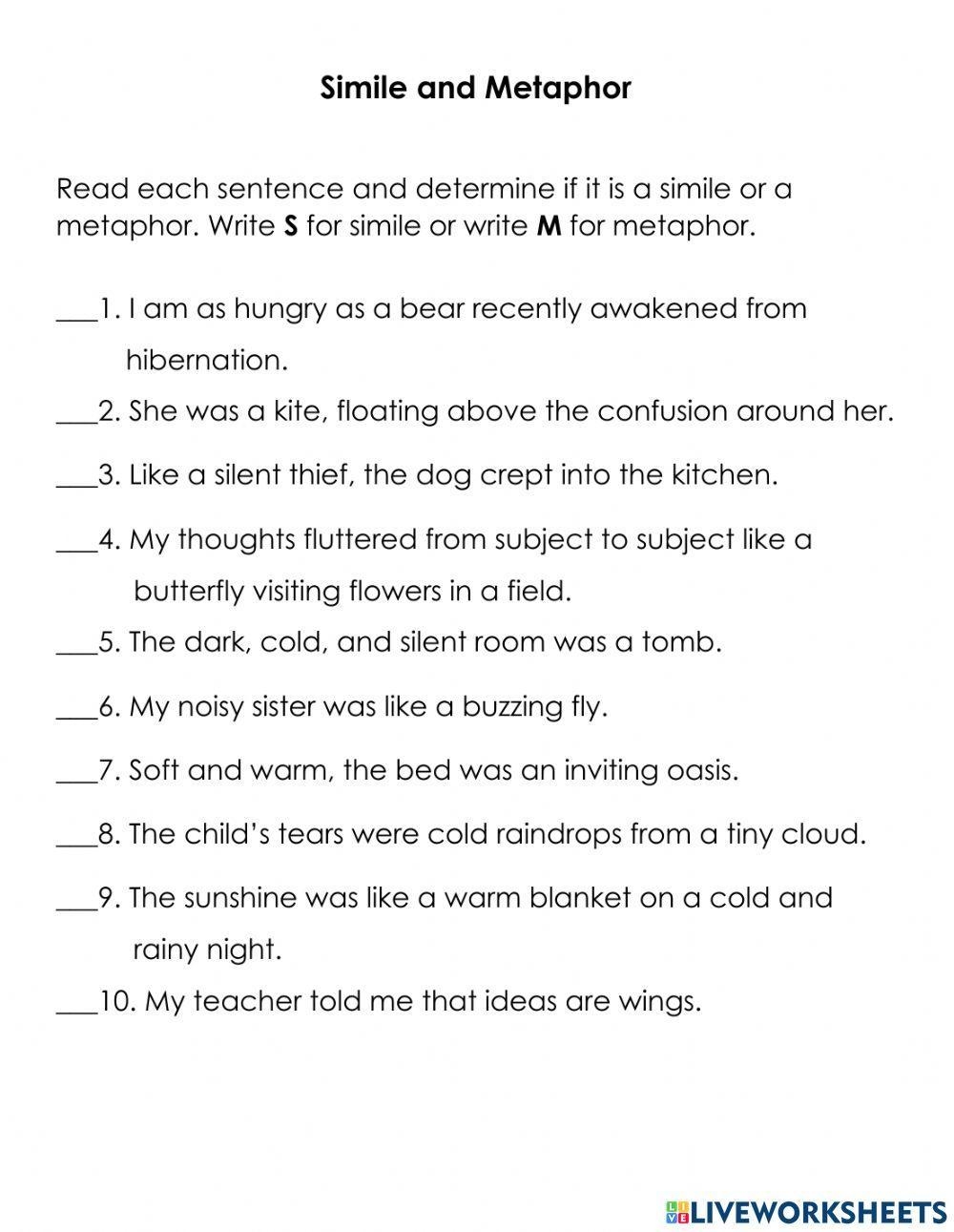 Simile And Metaphor Worksheet 1 Figurative Language Activity 