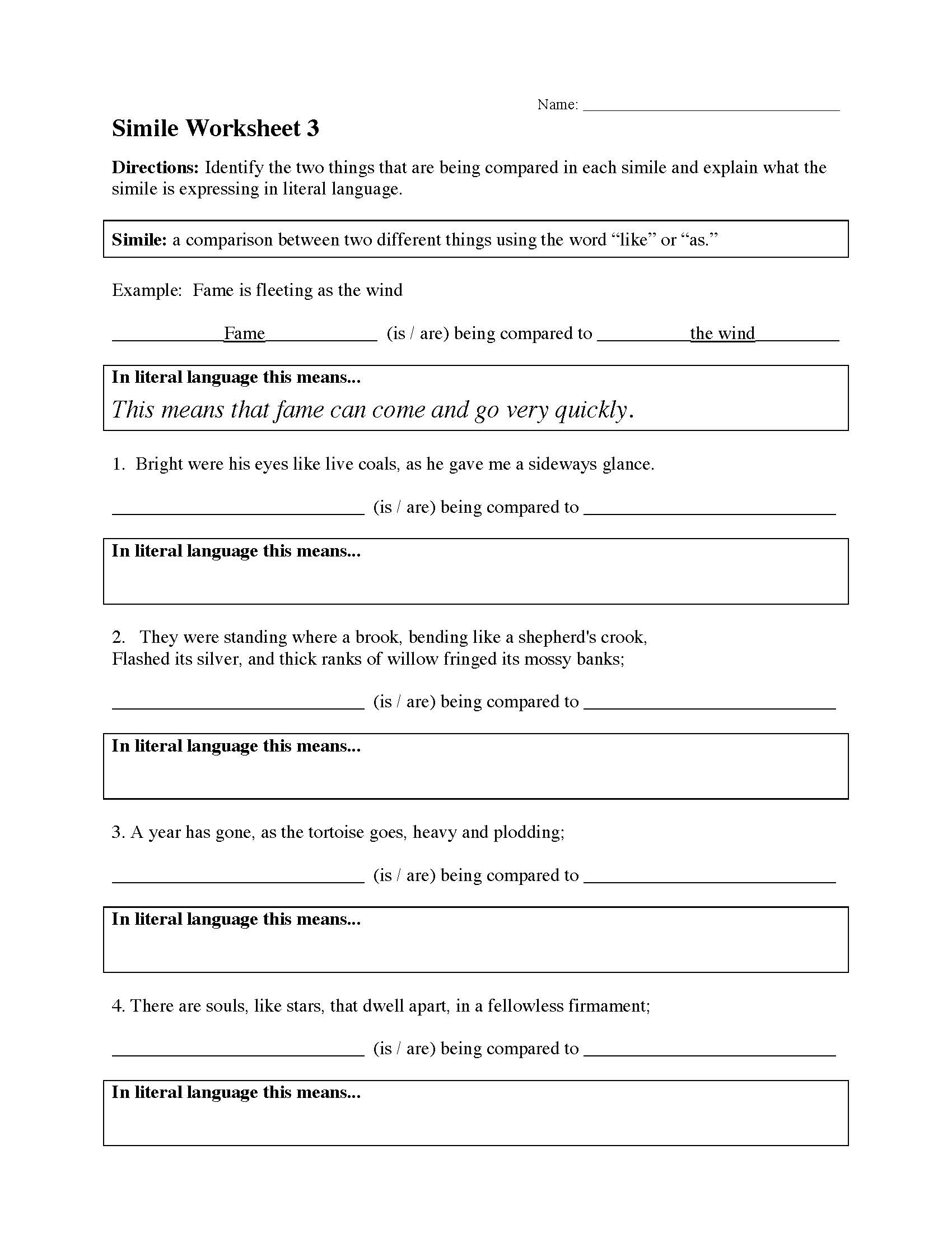 Simile Worksheet 3 Preview