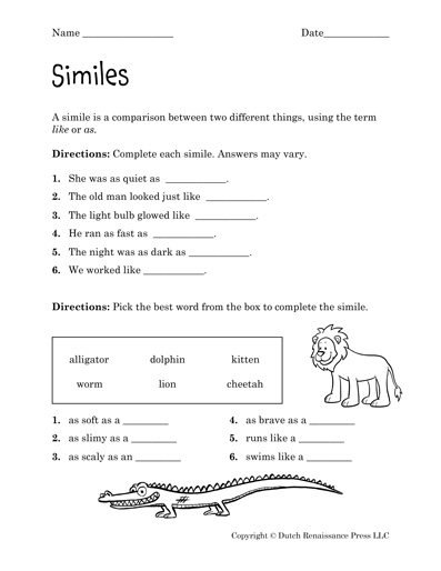 Simile Worksheet Figurative Language Activity Worksheets Library