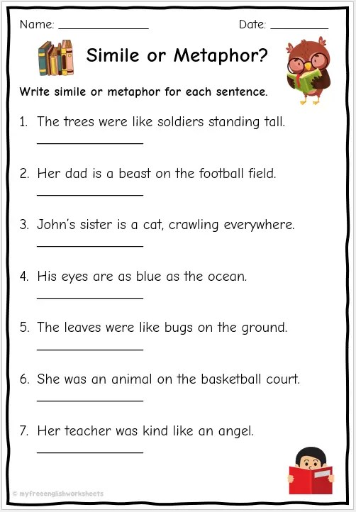 Similes And Metaphors Worksheets Engaging Exercises For Figurative 